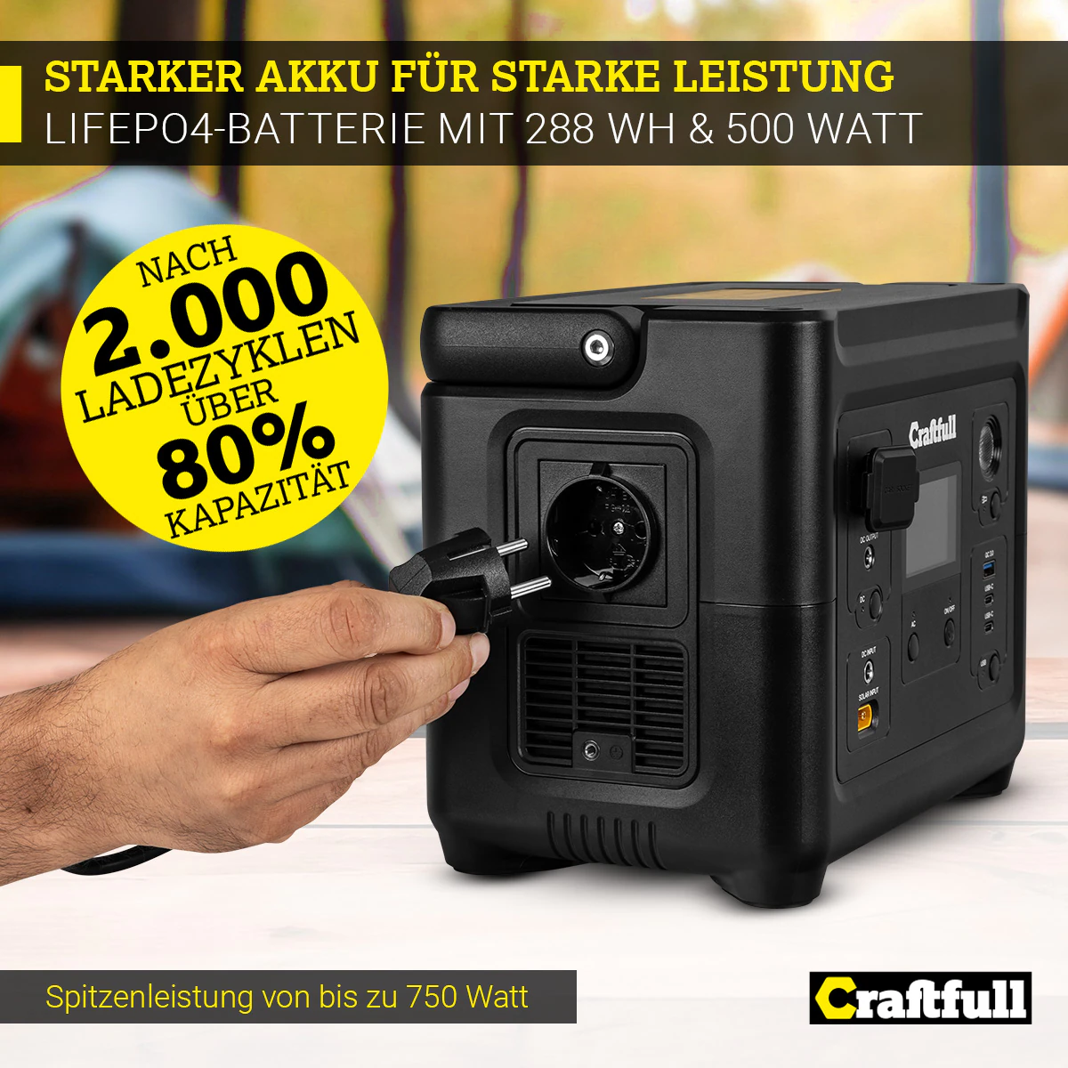 Craftfull Powerstation Fast Charge PS500, 500 Watt, tragbar, Lithium-Akku, USB, 12 V, 230 V, MPPT