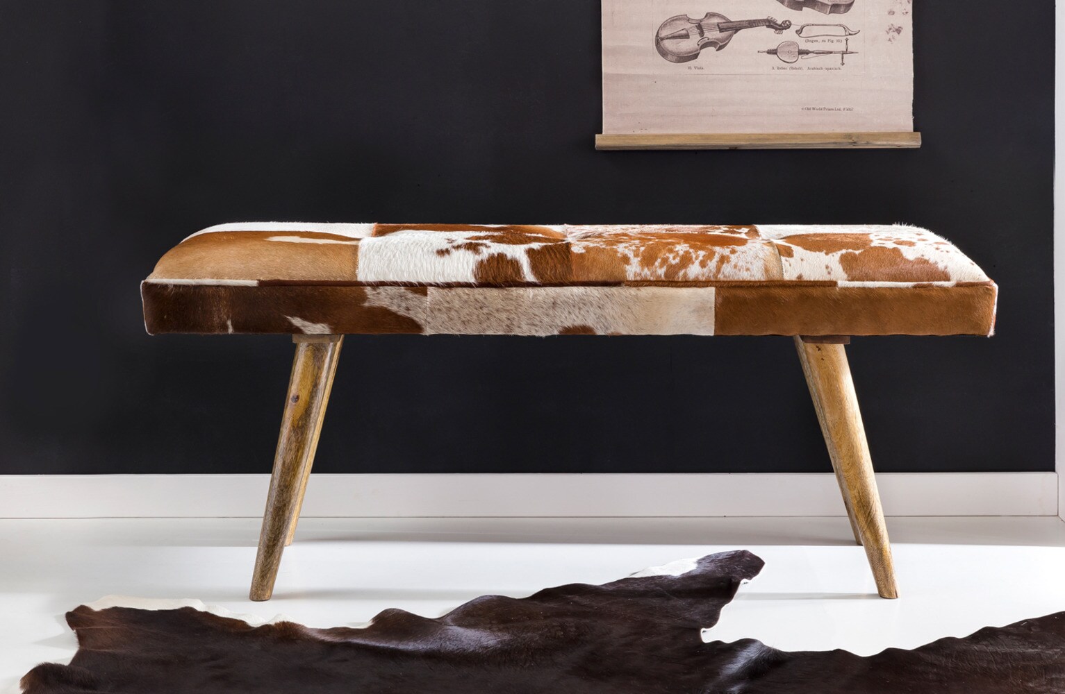 KADIMA DESIGN Sitzbank im Landhausstil mit Ziegenfellüberzug, echtes Leder, Mango Holz, 220 kg Belastbarkeit