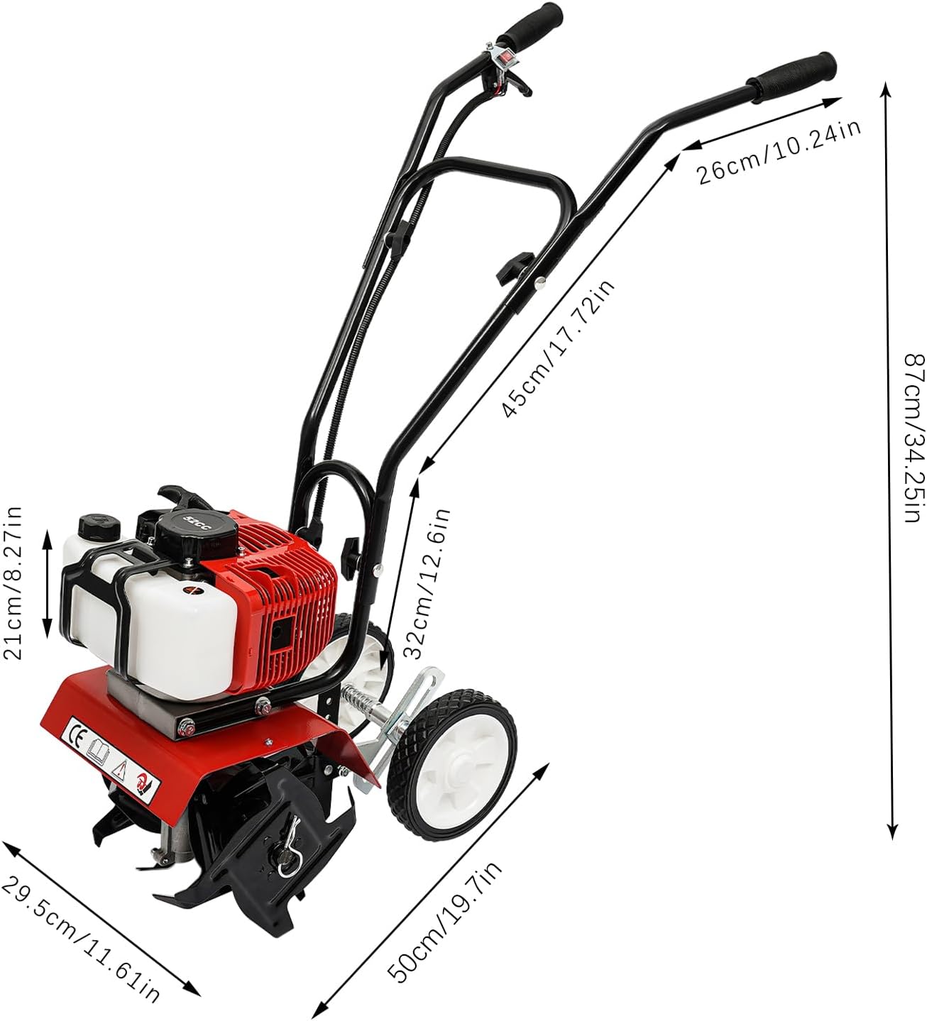52CC Benzin-Gartenfräse, 2-Takt-Rasenhacke, Motorhacke, Benzin-Leichtbauhacke, leichte, kompakte Gartenfräse mit Sicherheitsgriff zum Auflockern und Pflügen von Rasenflächen und Gärten.