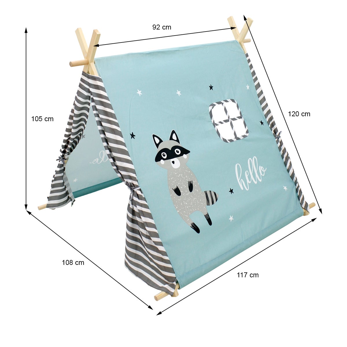 ECD Duitsland Tipi Speeltent voor Kinderen, 108x105x117cm, Turquoise Indianentent met Wasbeermotief, Binnen/Buiten, Tipi Kindertent met 2 Deuren en een Raam, Kinderkamer Speelhuisje voor Meisjes/Jongens