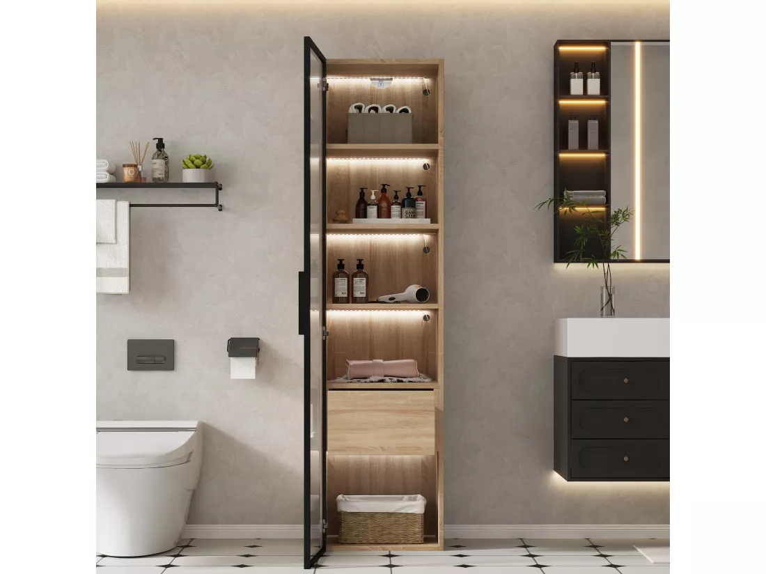 Vitrine, buffet haut avec 1 porte en verre et 1 tiroir intérieur - 40 X 34.5 X 165 cm - Bois MDF - Naturel