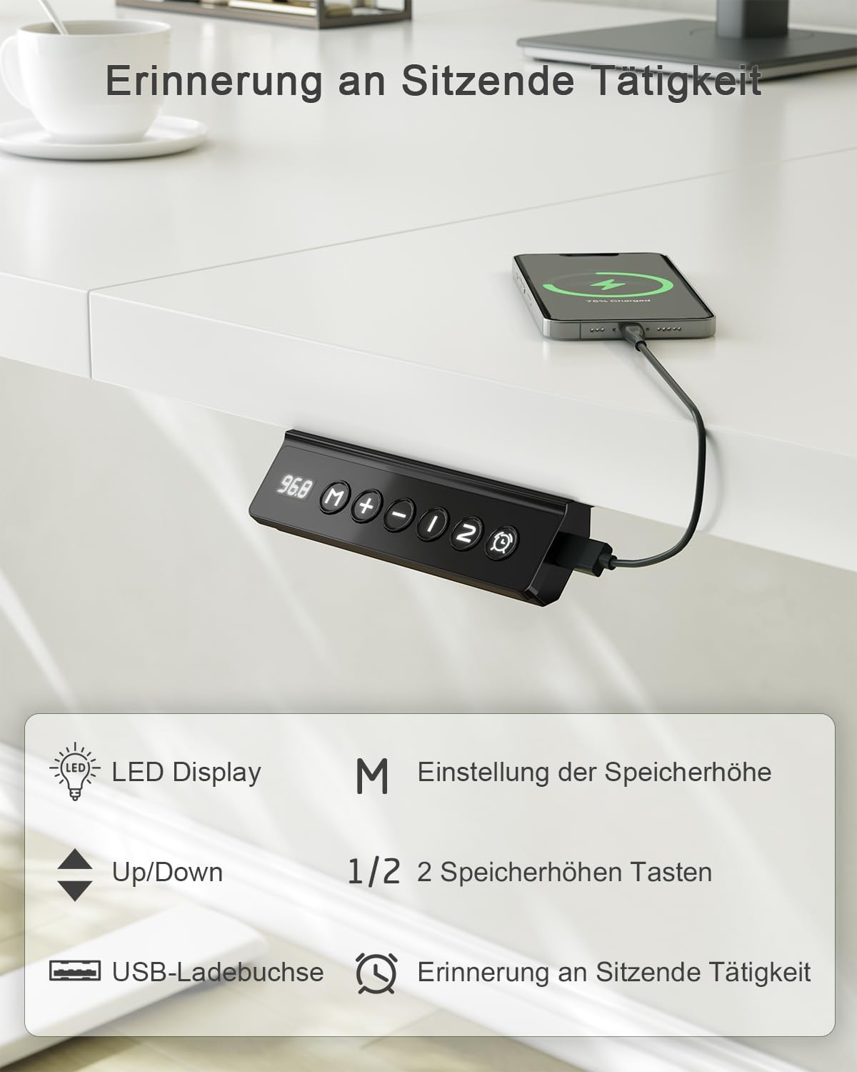 JUMMICO Höhenverstellbarer Schreibtisch mit USB-Ladeanschluss 160 x 70 cm, Schreibtisch Höhenverstellbar Elektrisch, Steh-Sitz Tisch Stehpult Verstellbarer Computertisch,Standing Desk,Weiß