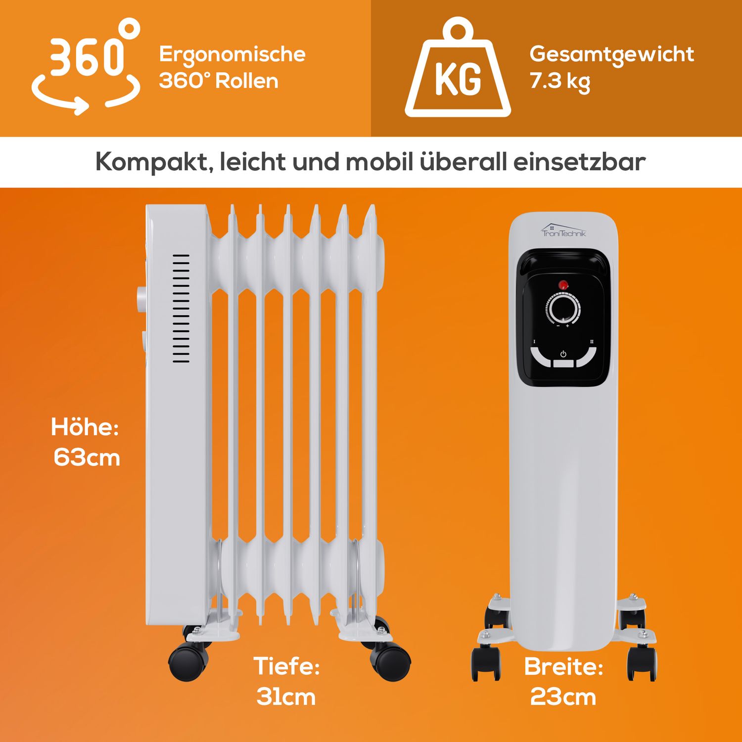 TroniTechnik® Ölradiator Elektroheizung TT-OR 207 in weiß mit 7 Rippen und 1500 Watt, drei Heizstufen (600W, 900W, 1500W)