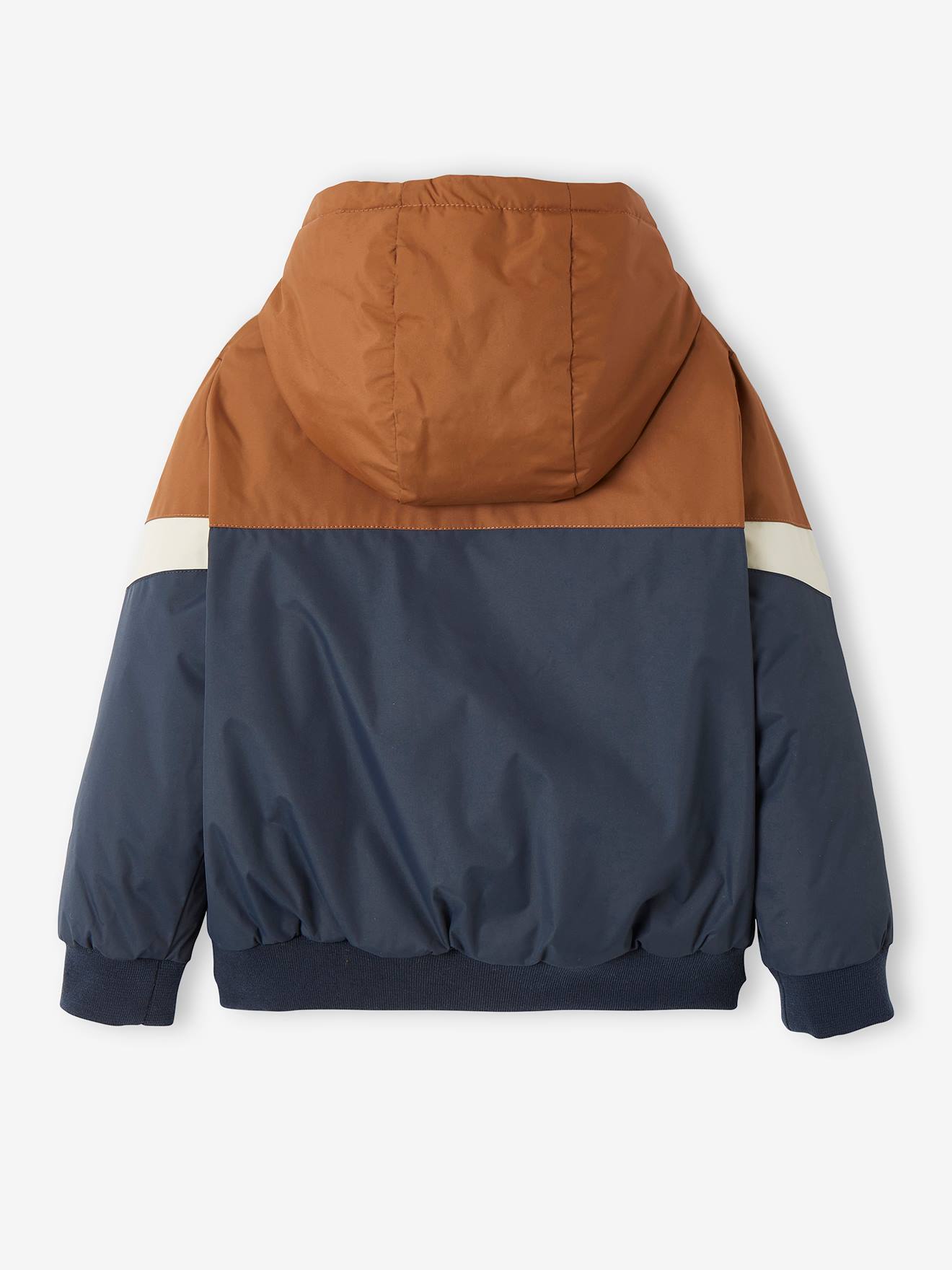 Jaqueta corta-vento colorblock, lisa, bege escuro, para menino, com estampas.