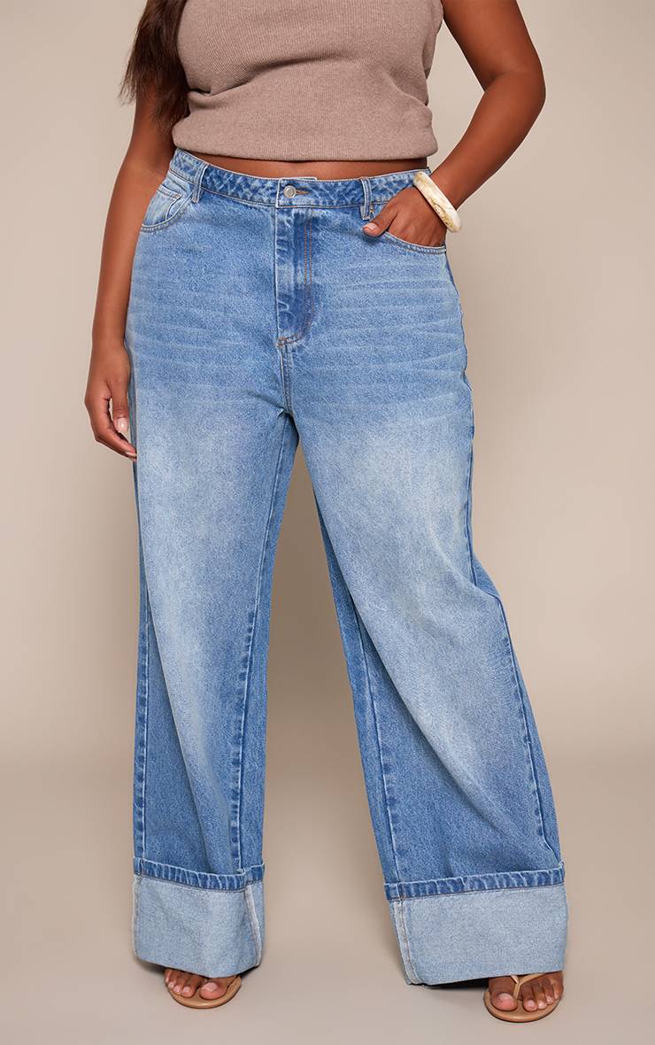 Mid Blue Wash Jean Grande Taille Bleu Moyen Délavé À Ourlet Retroussé Et Coupe Large