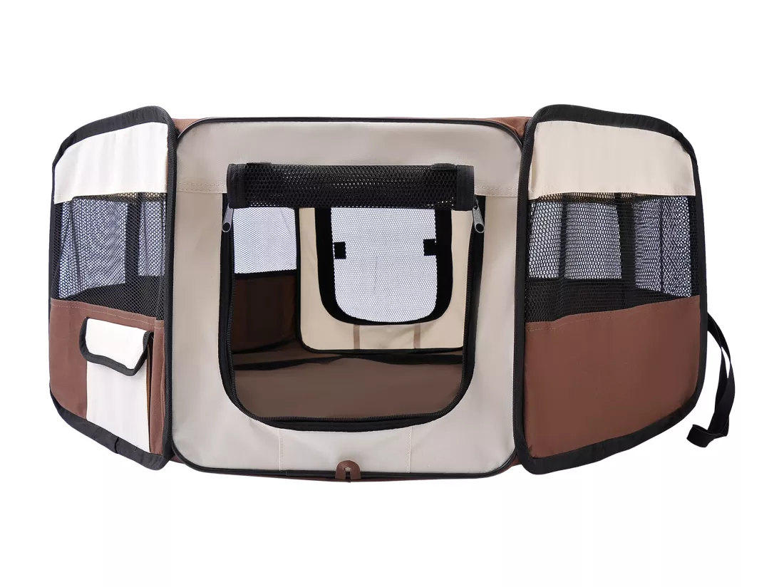 Parc enclos pliable chien chat Ø 90 x 41H cm - 2 portes, 2 poches, sac transport - acier Oxford marron beige