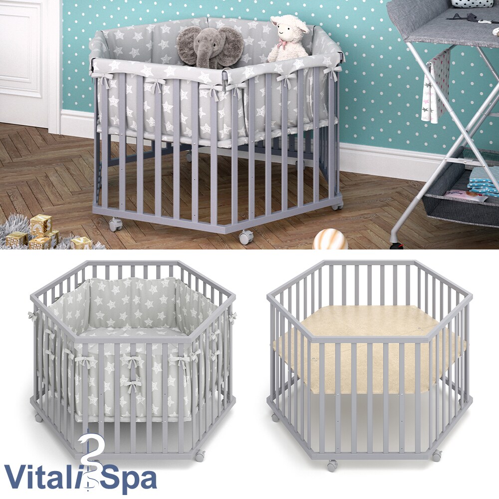 VITALISPA Laufgitter 6-eckig grau mit Laufgittereinlage Laufstall Krabbelgitter