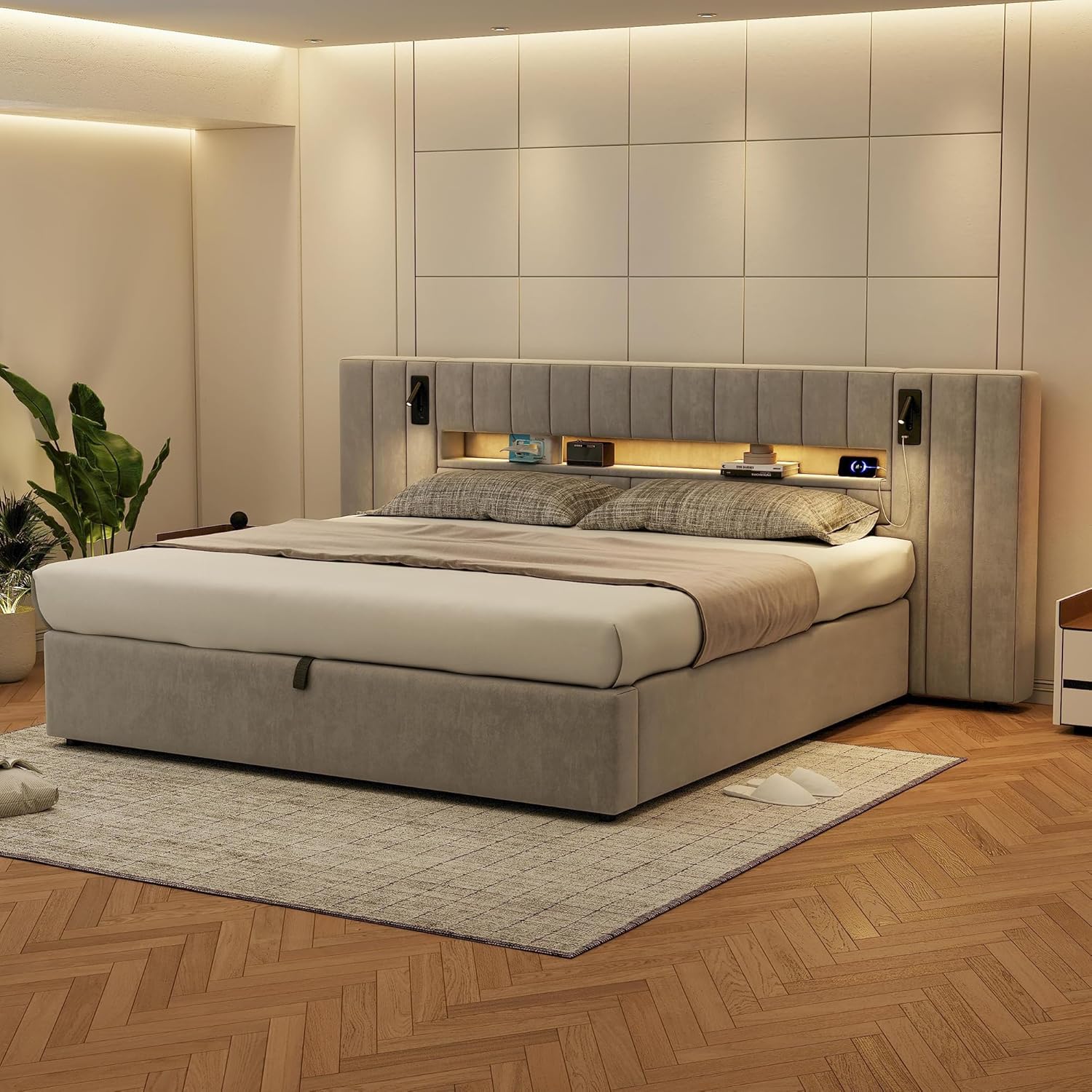 Kayan Polsterbett 180x200cm, Boxspringbett mit hydraulisches Bettkasten, Doppelbett mit LED-Kopfteil und Lattenrost, Leselicht mit USB Aufladen, Stauraumbett Jugendbett Bettgestell, Samt