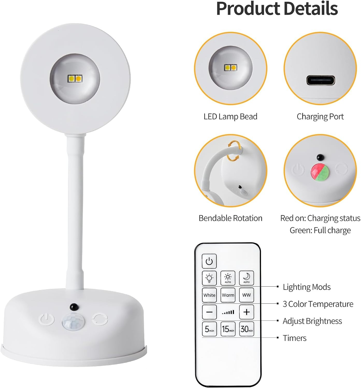 (20x8cm) 2 LED's Touch Wandleuchte USB Home Deko Tisch Lampe Nachtlicht mit Dämmerungssensor   Fernbedienung - Weiss