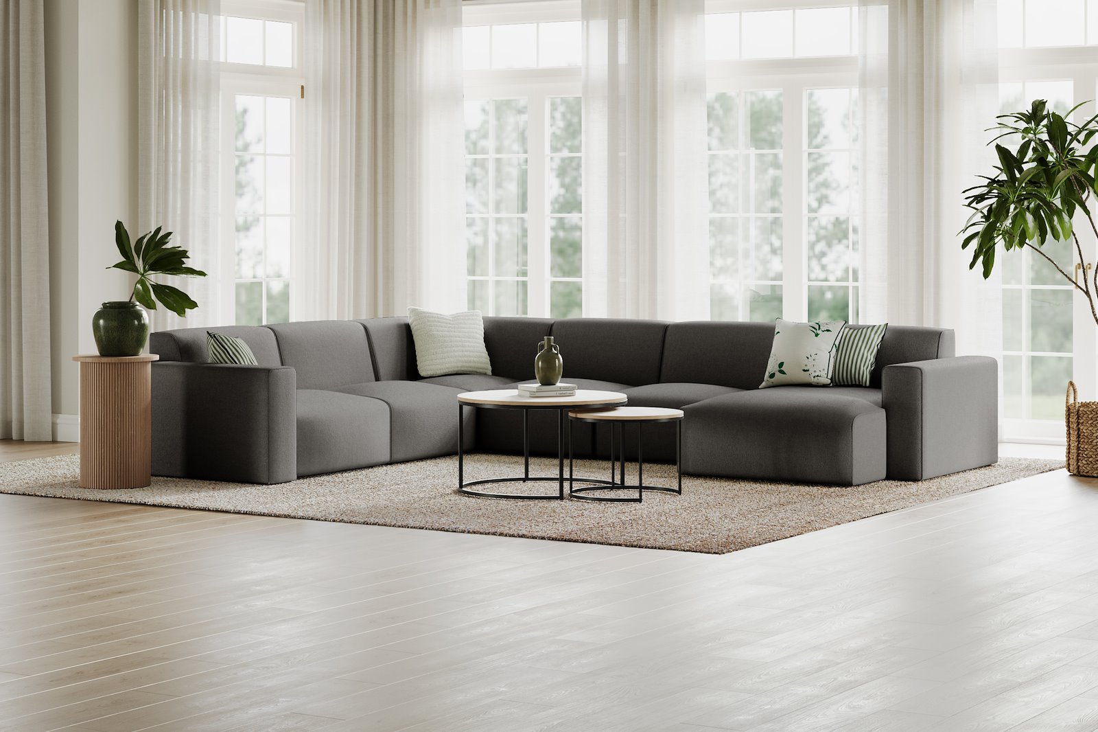 Styl U-sofa 2-seter venstre, 2-seter og sjeselong høyre. Tekstil Lombardo 7 Antracite med sorte ben.