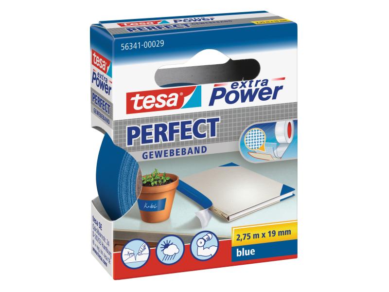 tesa Klebeband extra Power Perfect 19 mm x 2.75 m, Blau Gewebeband, 19 mm x 2,75 m, blau