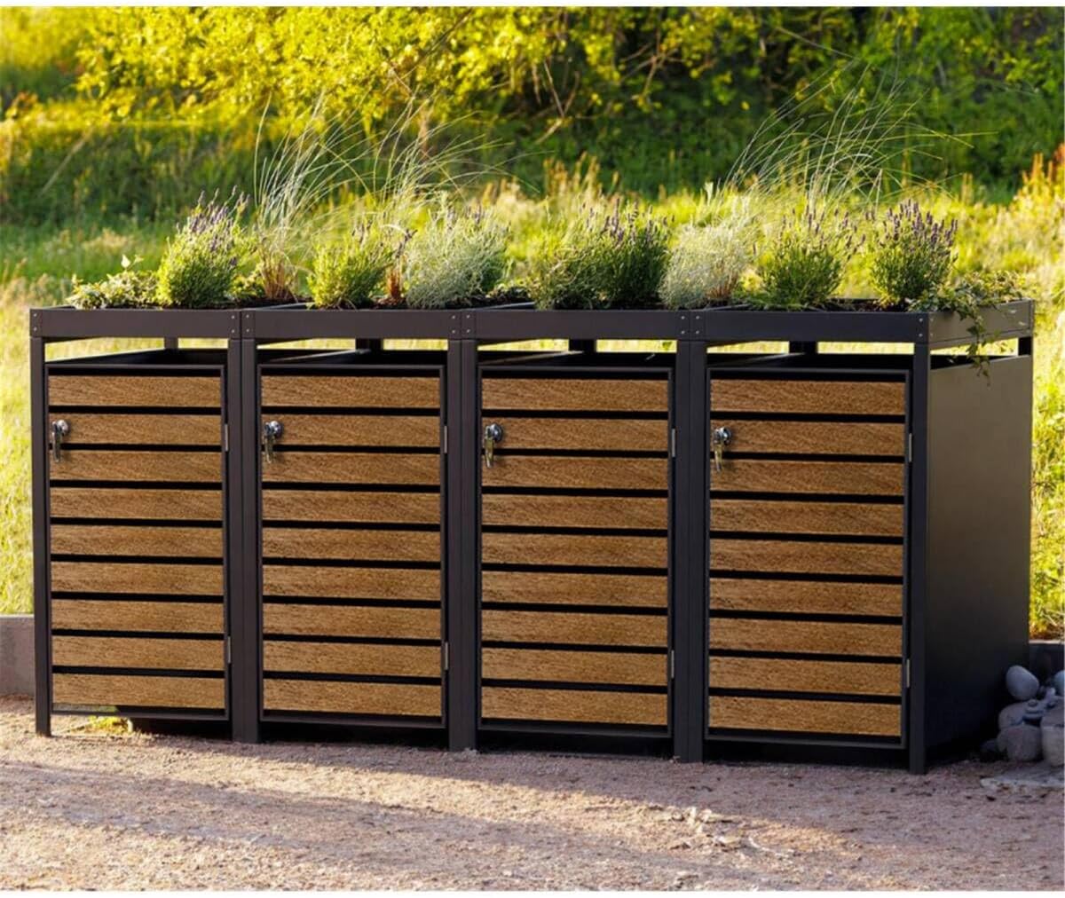 Metzler Mülltonnenbox 4er 240L in Anthrazit & Holzoptik mit Pflanzdach & Sichtstreifen, Mülltonnenverkleidung 4 Tonnen mit Automatikdeckel, Müllbox mit pulverbeschichtetem Stahl rostfrei, abschließbar