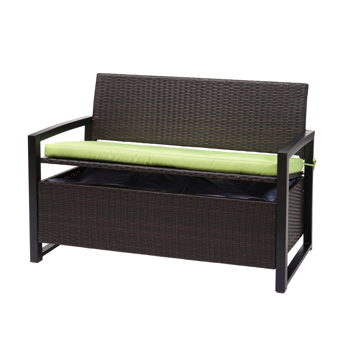 Poly-Rattan 2er Sitzbank MCW-F39, Gartenbank Truhenbank, Staufach Aufbewahrung Sitzkissen ~ braun, Kissen grün