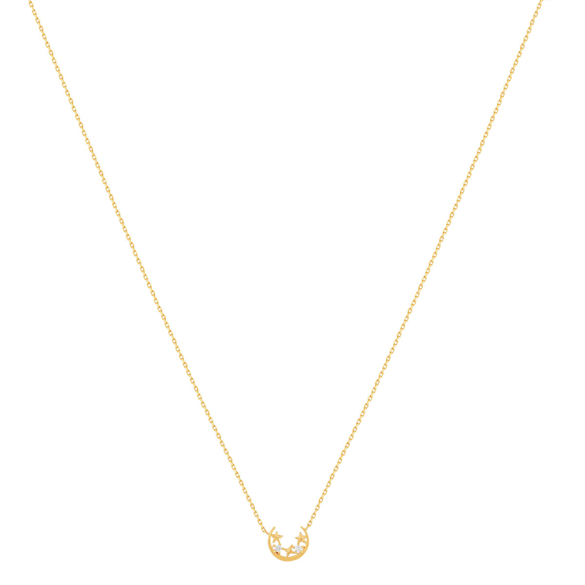 Collier plaqué or jaune, motif lune et étoiles zirconias 45 cm