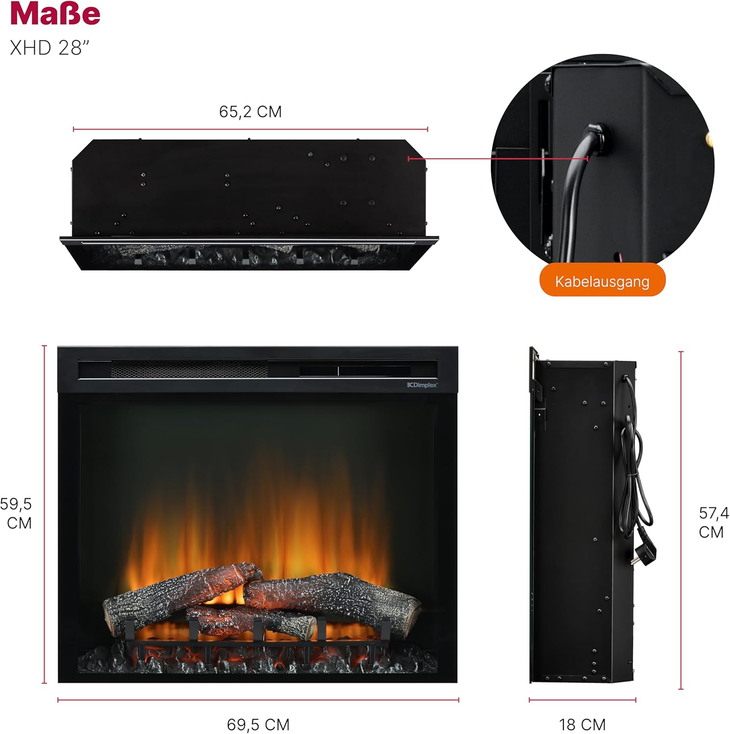 Dimplex XHD 28'' Elektrokamin Einsatz - Wandkamin - Elektrokamin mit Heizung - 1400W - Kamineinsatz Elektrisch mit LED Optiflame Flammeneffekt - Zuschaltbare Heizung - Mit Fernbedienung