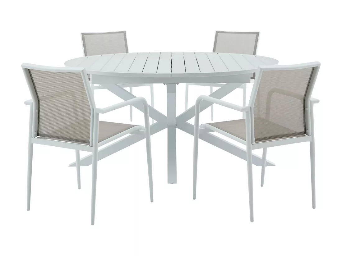 Salle à manger de jardin en aluminium : une table extensible L.150/200 cm et 4 fauteuils empilables - Gris clair et blanc - YOHA de MYLIA