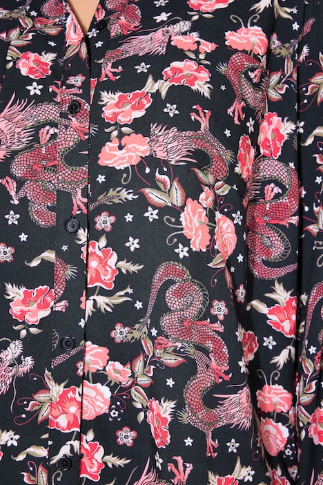 Hemdbluse, Boxy Shape, Asia-Print, Langarm