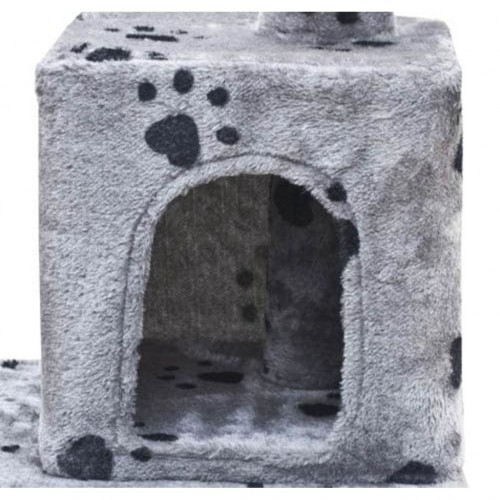 Poste de arranhar de pelúcia para gatos, com estampa de patas cinzas.