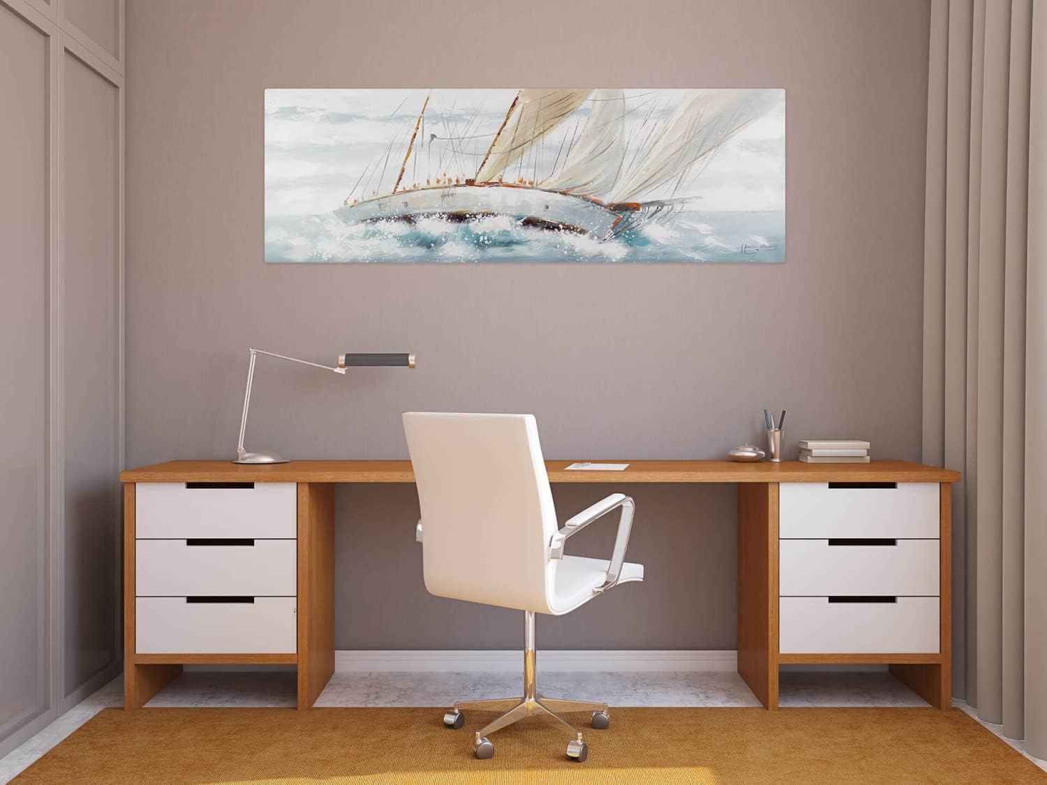 KunstLoft Leinwandbild | 100% HANDGEMALT | 150x50cm | Gemälde 'Ruf des Abenteuers' | Schiffe & Boote | Weiß | Wandbild Wohnzimmer