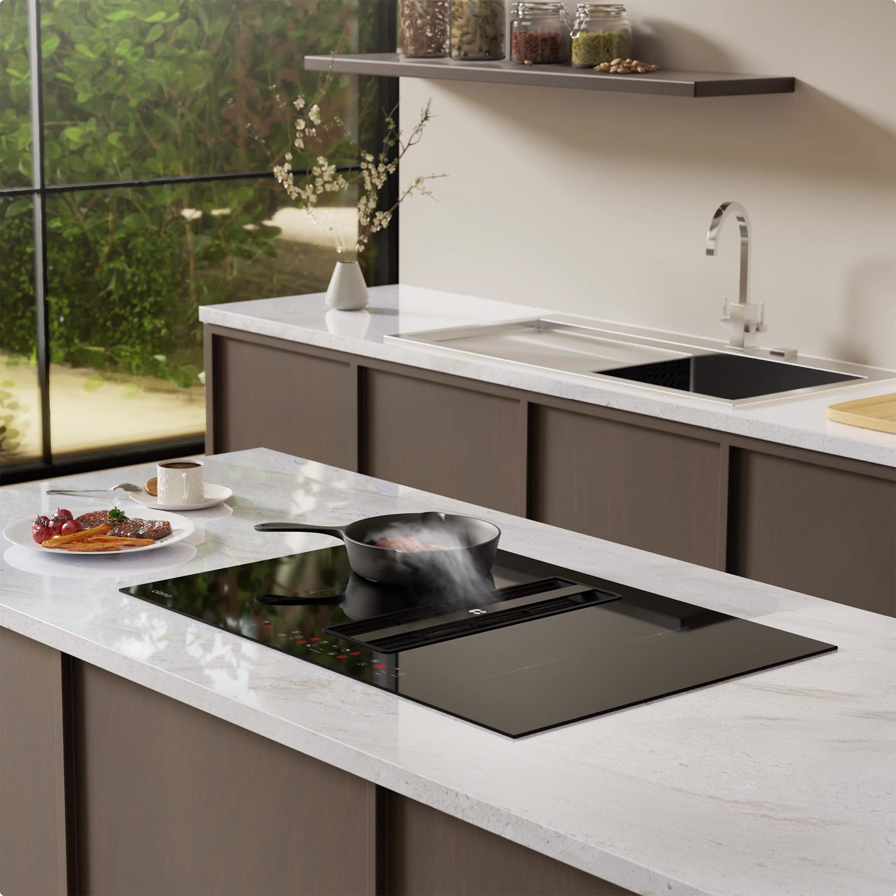 CIARRA One Plaque à Induction et Hotte Intégrée-4 Foyers-83cm-7000W-9 Niveaux de Puissante-500m³/h-Flex zone-Boost-4 Vitesses-Filtration Multiple-Tact