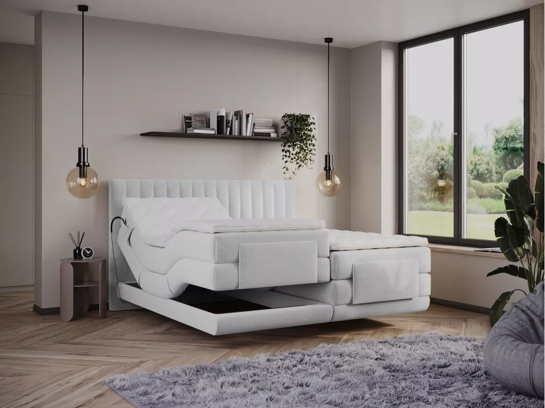 Ensemble complet boxspring tête de lit coutures verticales + sommiers relaxation électrique + matelas + surmatelas - 2 x 80 x 200 cm - Velours - Gris clair - DONISI de PALACIO