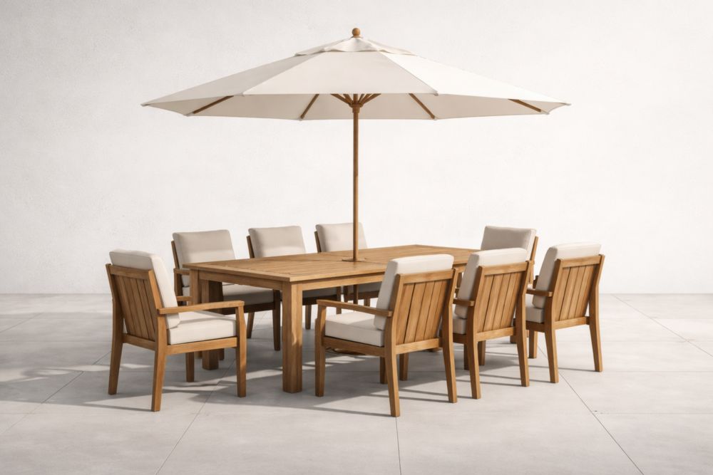 Gartenset aus Teakholz mit Polyesterkissen und Sonnenschirm