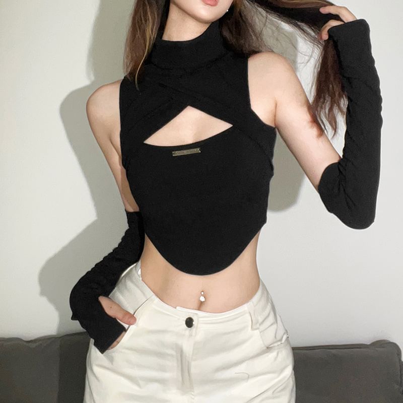 Sugarcoat - Set: Halter-hals cutout effen crop top + mouwen