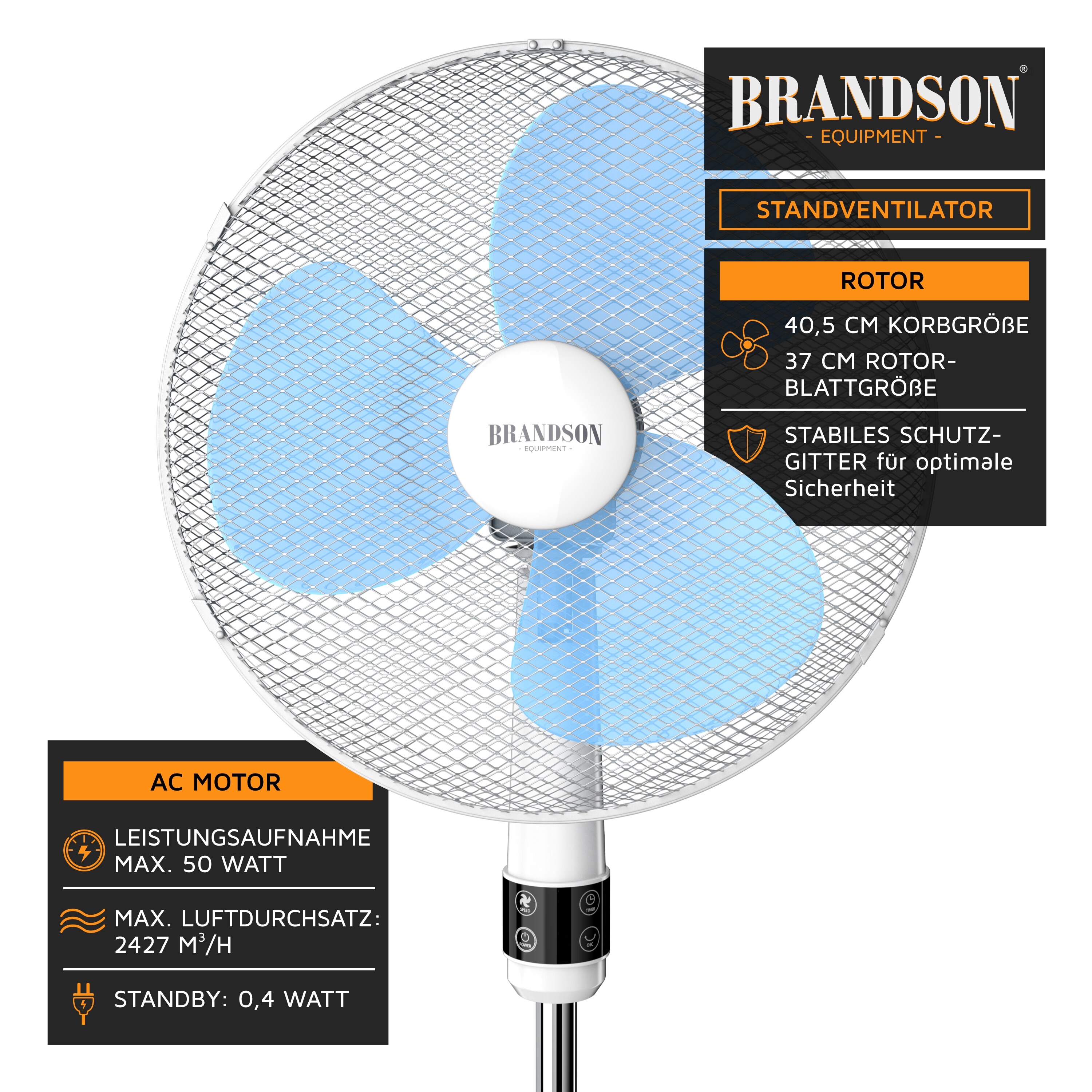 Brandson Standventilator, Standlüfter leise, Ventilator, höhenverstellbarer Standfuß, Neigungswinkel 30° verstellbar, inkl. Fernbedienung