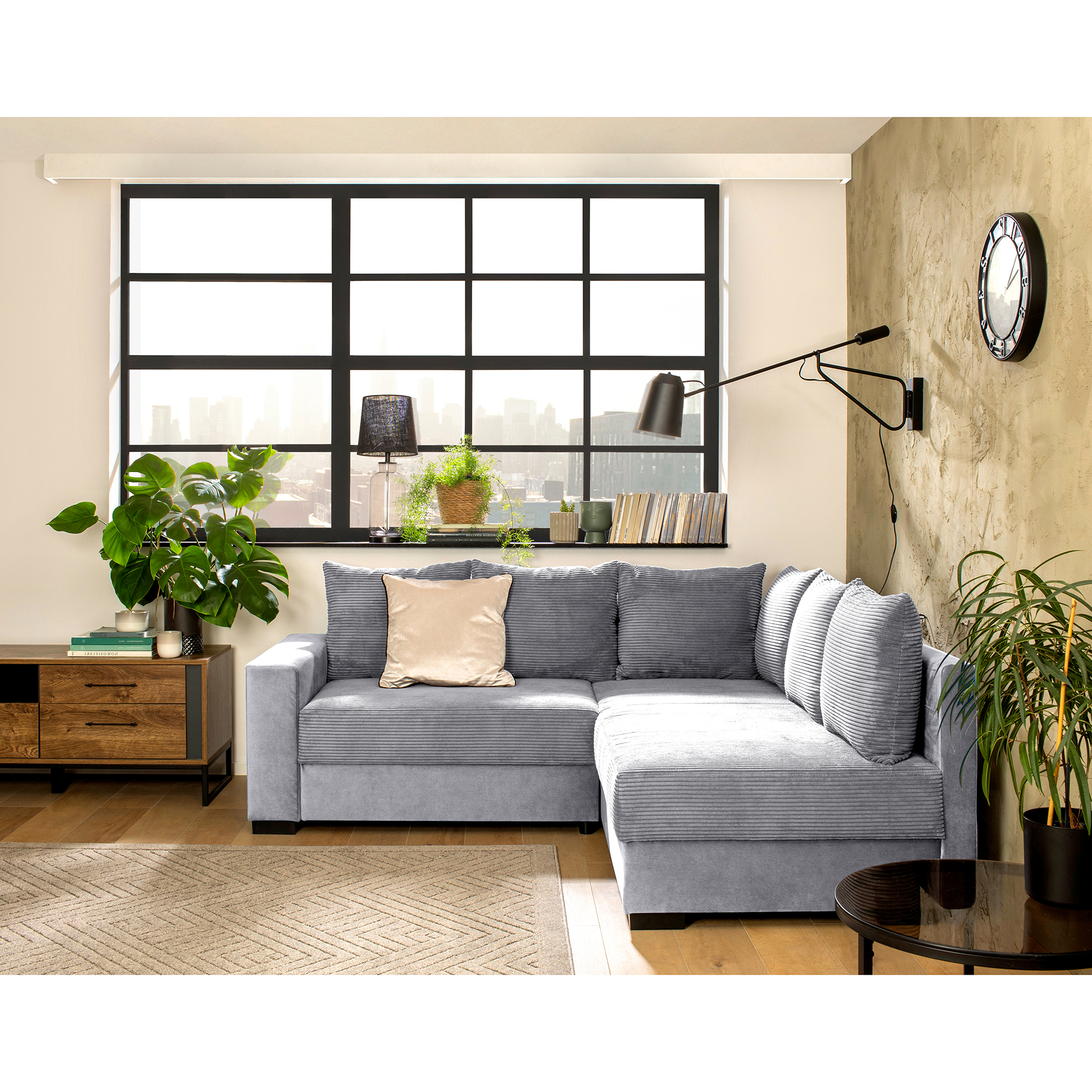 Ecksofa - hellgrau - Cord - Ottomane rechts