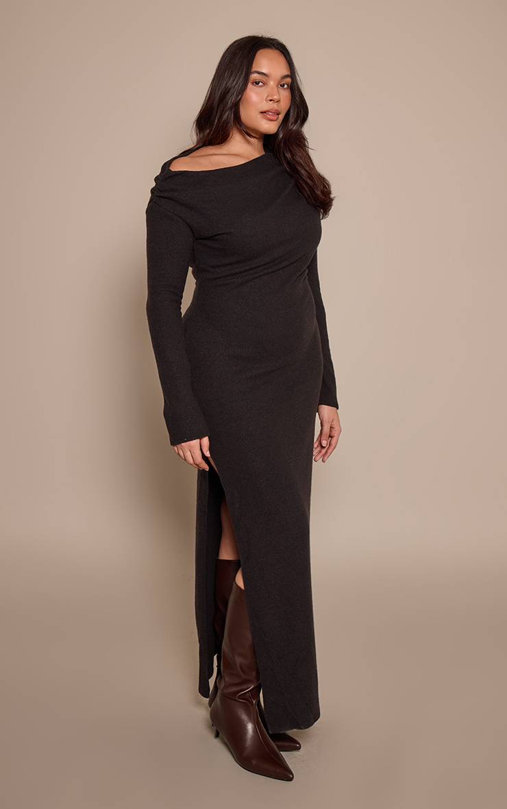 Noir Robe Maxi Grande Taille En Côtes Brossées À Manches Longues Avec Détails Froncés