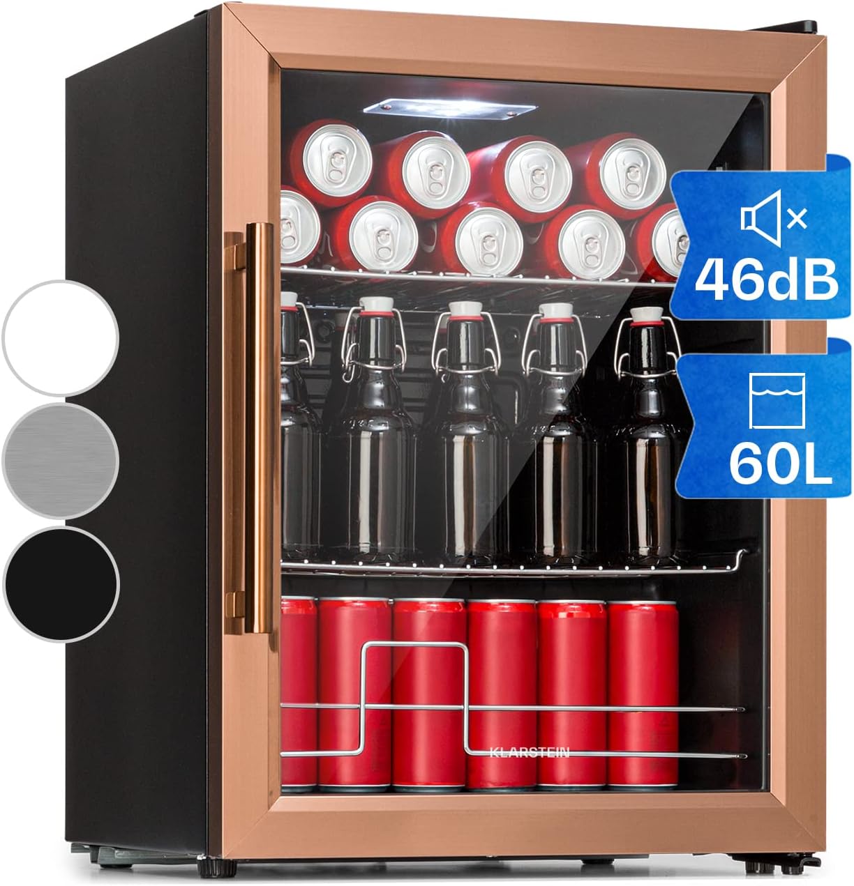 Klarstein Mini Kühlschrank mit Glastür & LED, für Zimmer, Getränkekühlschrank mit 2 Ablagen, Kleiner, 60L, Indoor/Outdoor, Leise & Wetterfest, 3-10°C