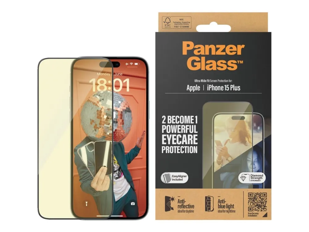 PanzerGlass™ | Ultra-Wide Fit - Skærmbeskyttelse til mobiltelefon - EyeCare Protection | Apple iPhone 15 Plus