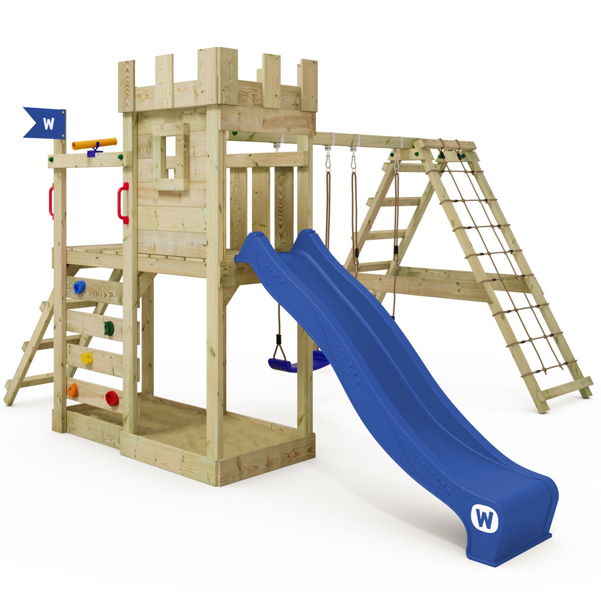 WICKEY GateFlyer speeltoren met klimuitbouw, dubbele schommel en glijbaan - blauw