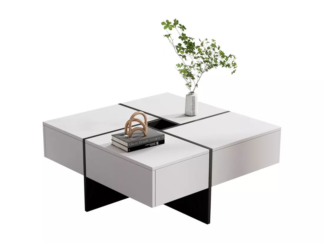 Table basse carrée moderne 70 x 70 x 35 cm - avec compartiment de rangement central de 10 x 10 cm – panneaux de particules - blanc