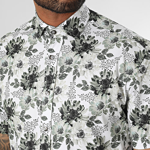 Chemise Manches Courtes Blanc Vert Kaki Floral
