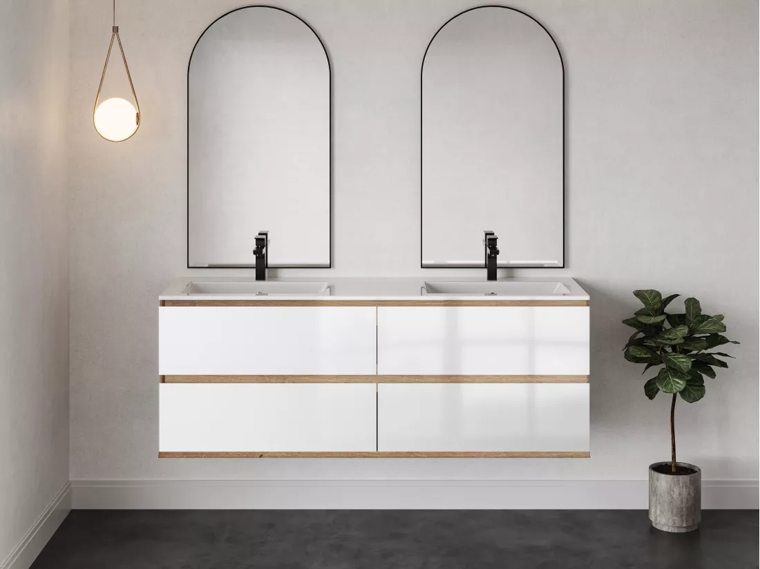 Meuble de salle de bain suspendu avec vasque à encastrer - Coloris naturel clair et blanc - 150 cm - SABURI