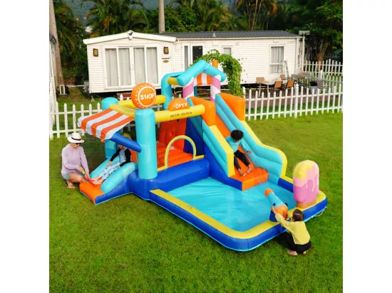 Château gonflable avec auvent, toboggan, trampoline, pistolets à eau - parc aquatique avec souffleur - 395x340x236cm