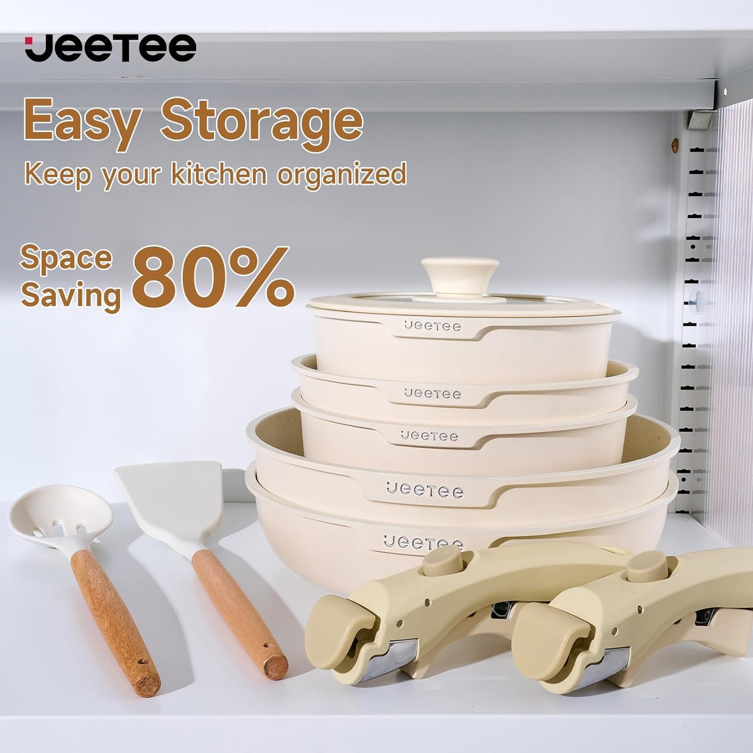 JEETEE Topfset Pfannenset mit abnehmbarem Griffen 25-Teilig, Pfanne 20/26cm, Kochtopf 18/20cm, Tiefe Bratpfanne 26cm, Grillpfanne 26cm, Stapelbar Topfset Für alle Herdarten, Antihaft, Ofenfest, Beige