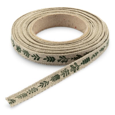 Geschenkband Leinen 1 cm, Grüne Zweige