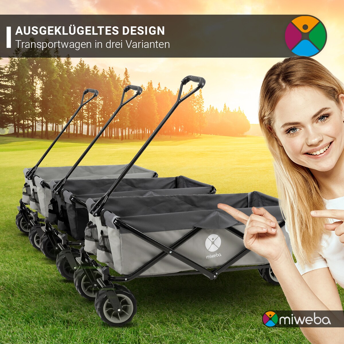 Miweba Bollerwagen MB-30, breite Reifen, faltbarer Bollerwagen mit Außentaschen, bis 120kg belastbar (Hellgrau/Dunkelgrau)