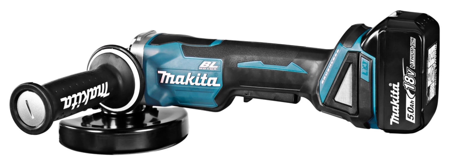 Makita DGA508RTJ 18V Li-Ion Accu haakse slijper set (2x 5.0Ah accu) in Mbox - 125mm - koolborstelloos - softstart