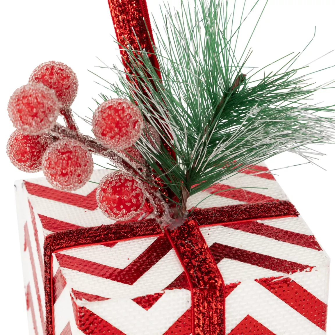 Suspension de Noël (H12 cm) Cadeau rayé et baies Rouge