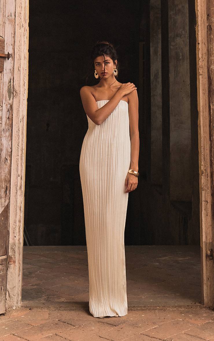 Ivoire Robe Maxi Colonne Bandeau En Satin Plissé Plt Label