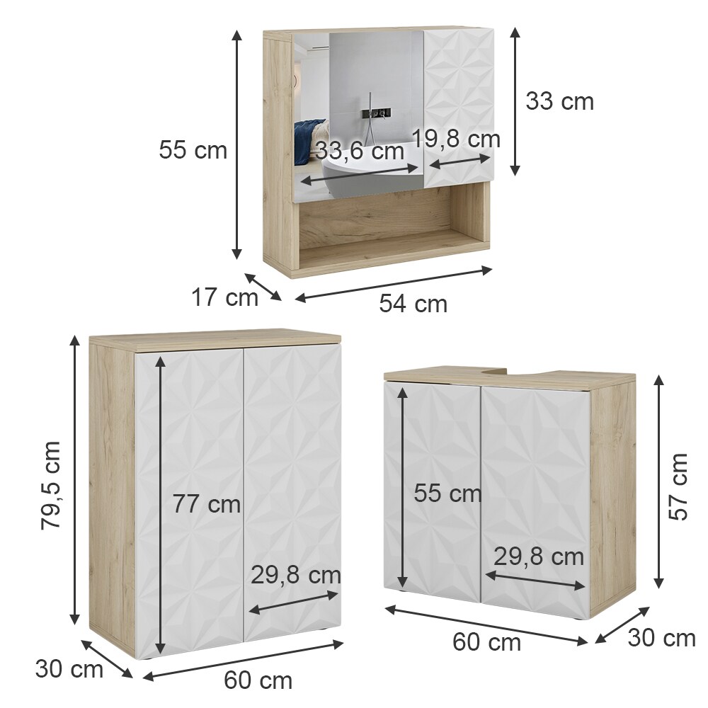 Vicco Badmöbel-Set Badezimmer-Möbel Bad-Schrank Edge Eiche Weiß modern Badezimmerschrank Waschbeckenunterschrank Spiegelschrank Badezimmerkommode