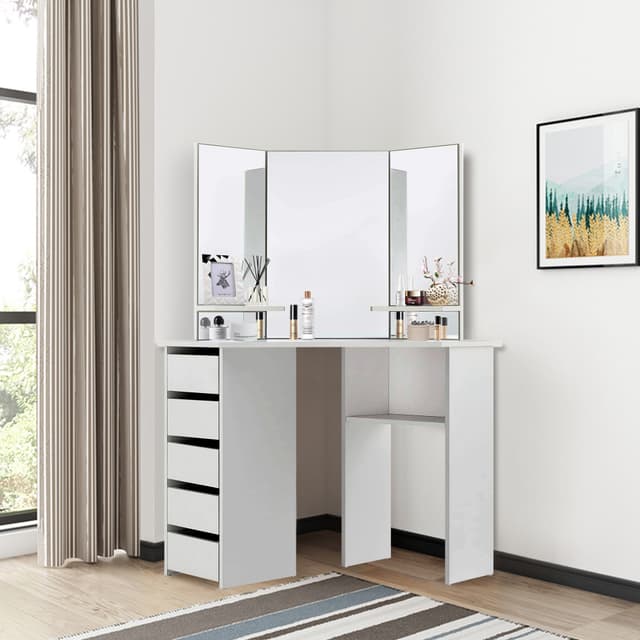 ML Design hjørne Raffinish Table White, toiletbord med 3 spejle, 5 skuffer og 3