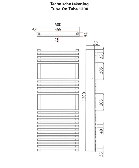 Sanicare design radiator Tube-On-Tube 120 x 60 cm. zwart