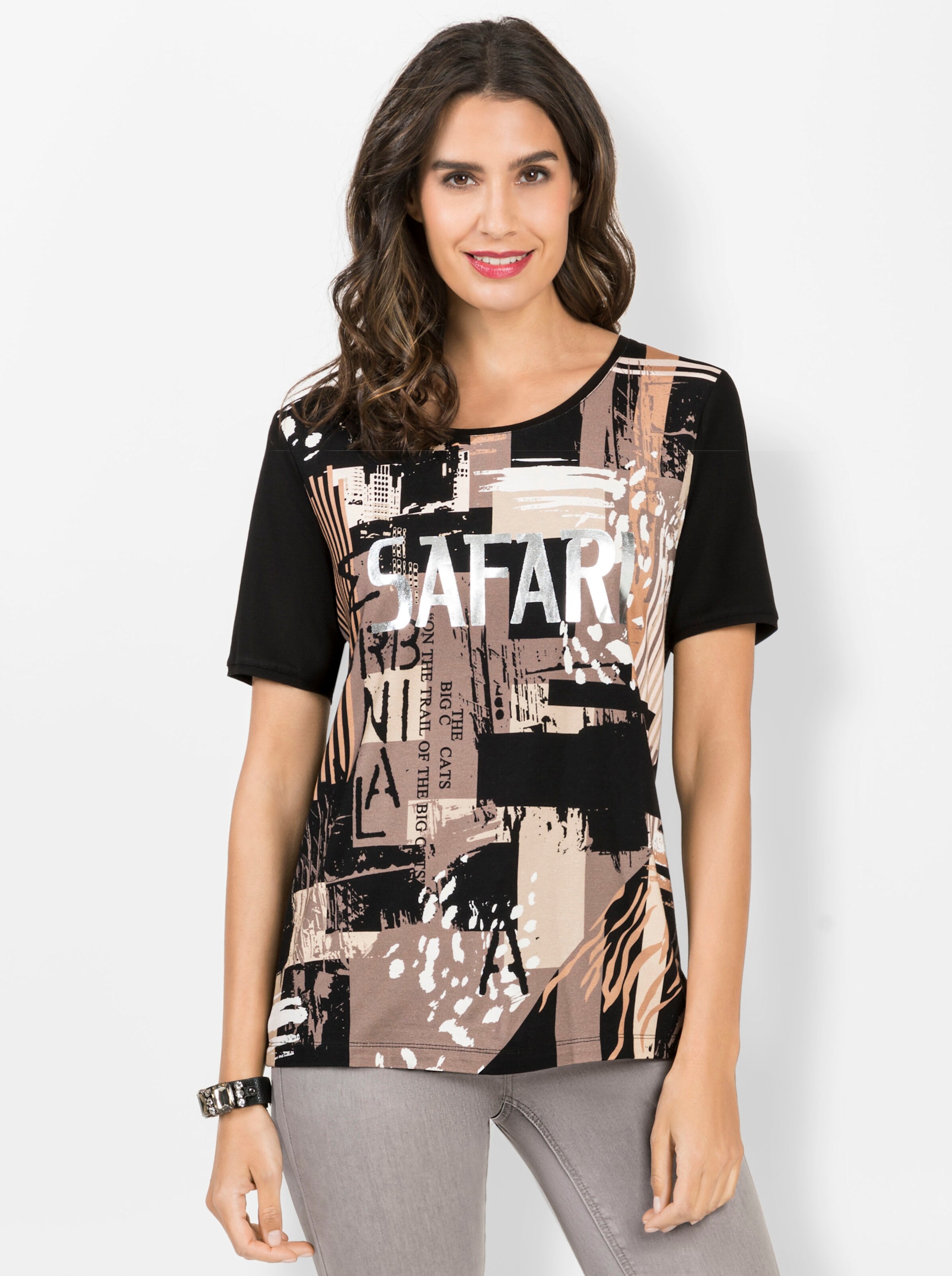 T-Shirt in schwarz-sand-bedruckt