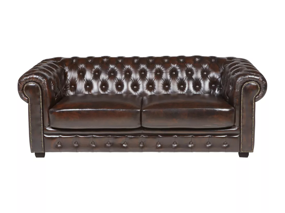 Canapé chesterfield 3 places BRENTON 100% cuir de buffle - Marron reflets châtains