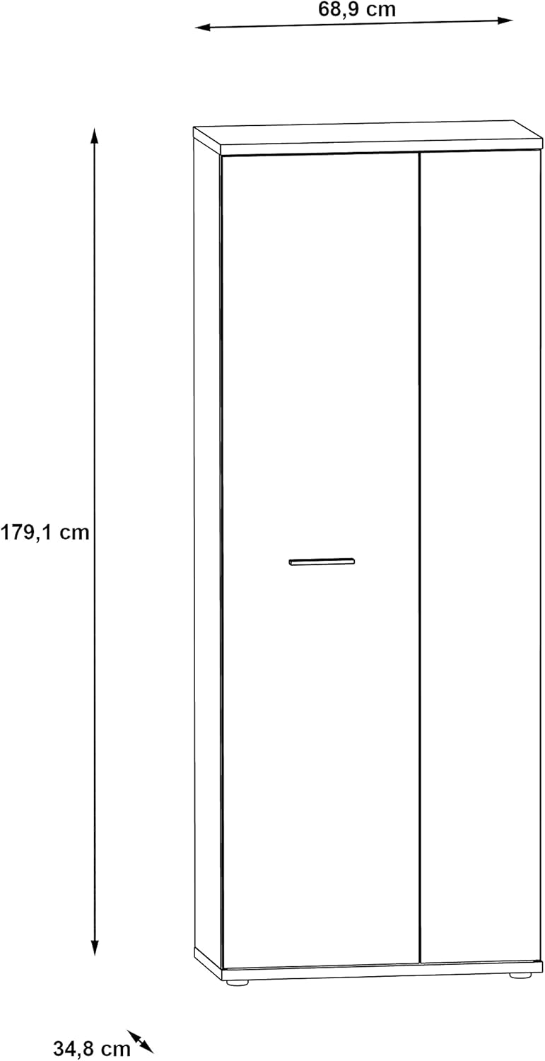 FORTE NET106 Schrank 70, Schuhschrank, Garderobenschrank, Abstellraum, Drehtürenschrank, 2-türig mit Einlegeböden, Weiß mit Holzdekor: Sonoma Eiche, 69 cm breit x 179 cm hoch x 35 cm tief