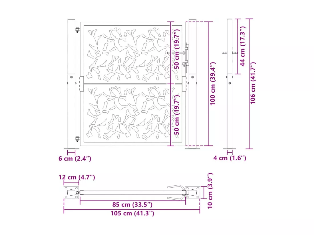 Portail de jardin noir 105x106 cm acier conception de feuilles